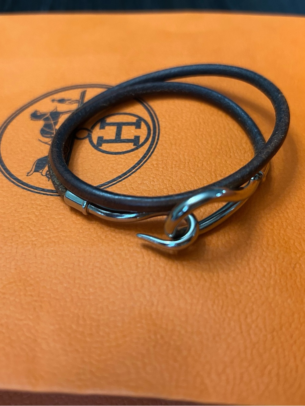 Hermes Brown Double-Wrap Leather Bracelet with Silver Hook